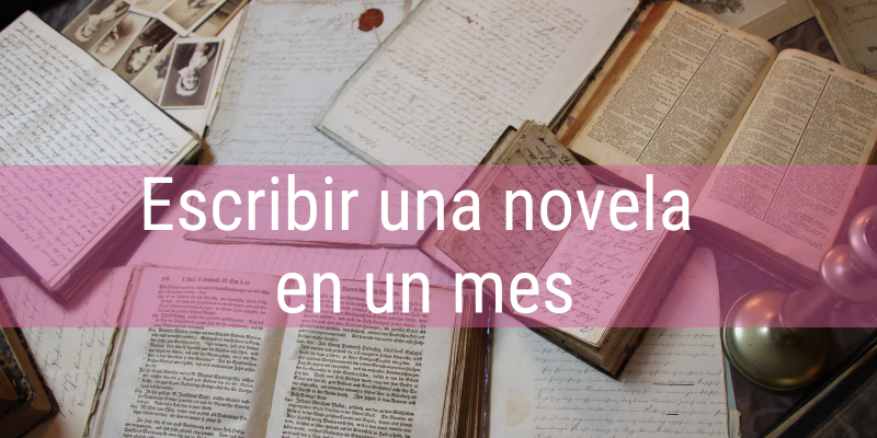 muchos libros abiertos y un título que dice Escribir una novela en un mes